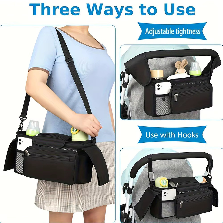 Kinderwagen-Manager in Schwarz mit rutschfestem Riemen, isoliertem Getränkehalter und Handytasche, passend für Uppababy - Bild 2