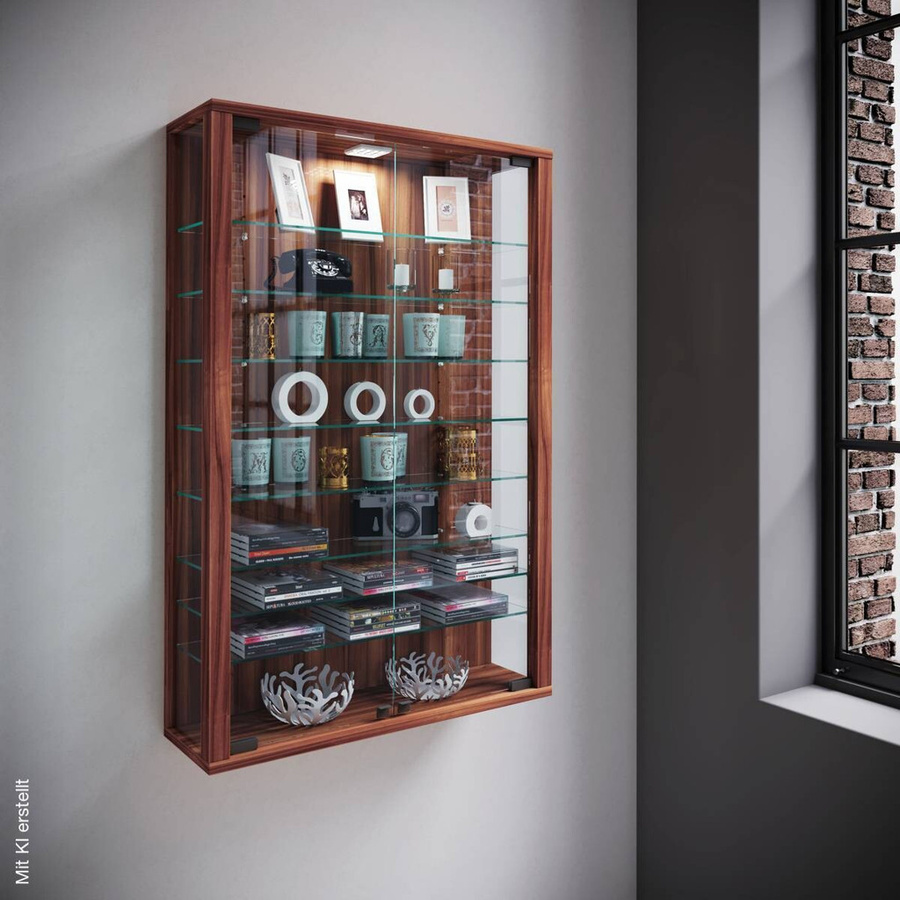 VCM Wandvitrine Vitrosa Mini in Nussbaum mit LED-Beleuchtung und Glastüren, B/T/H: 59 x 18 x 90 cm - Bild 3
