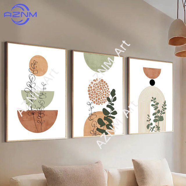 3-teiliges AZNM Leinwand-Wandkunst-Set mit abstrakten geometrischen Motiven in Grün und Multicolour für dein Wohnzimmer oder Schlafzimmer - Bild 1