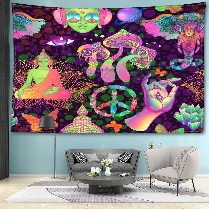 Abstrakter Wandteppich mit Pilzen und Buddha-Statuen im Bohemian Stil von Super Six, mehrfarbig, B/H: 95 x 73 cm - Bild 4