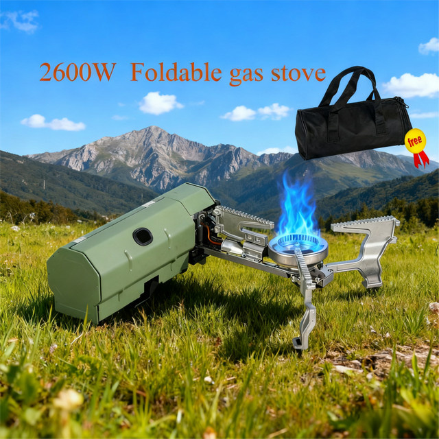 HOMEFISH Tragbarer Campingkocher mit 2600 W Leistung, zusammenklappbarer Gasherd für Outdoor und Reisen, Butan-Kassettenbrenner in Beige oder Grün - Bild 1