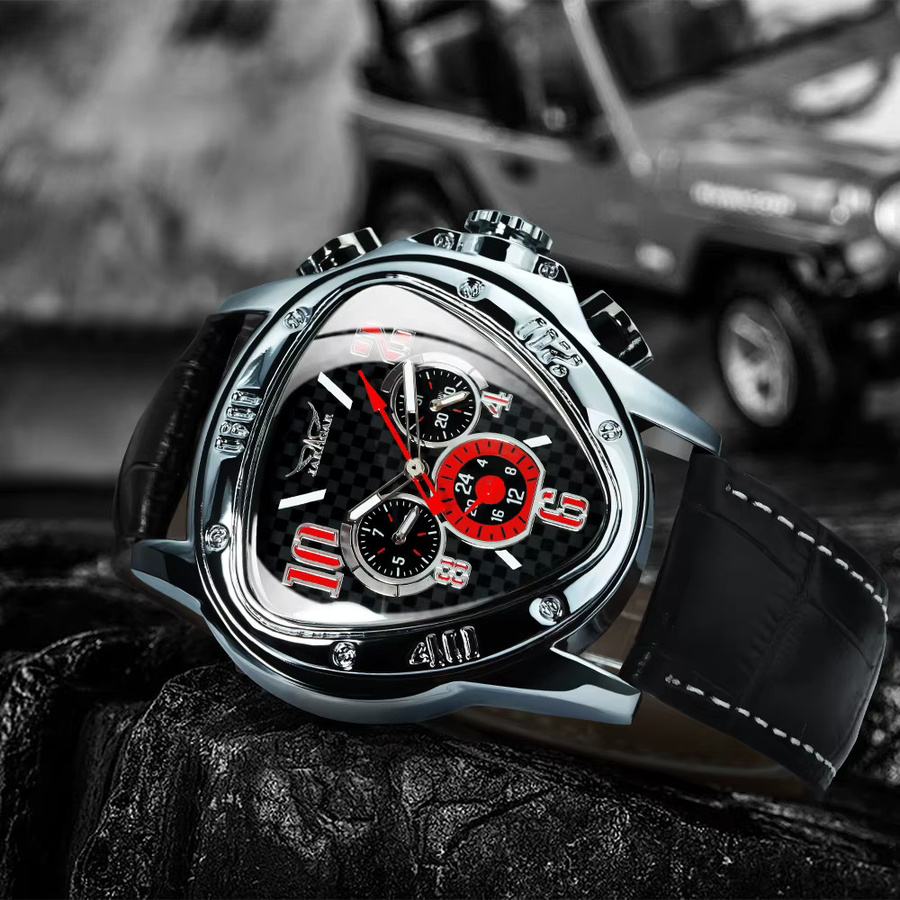 JARAGAR Armbanduhr, Automatik, Edelstahl, Lederarmband, Herren, Schwarz - Bild 2