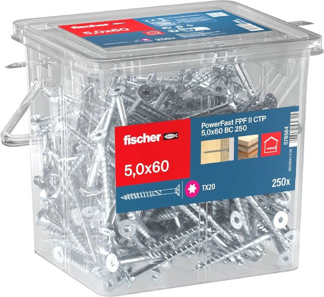 Fischer PowerFast II Holzschrauben mit Torx-Antrieb, verzinkter Stahl, Durchmesser: 5 mm, Länge: 60 mm, Farbe: Blau/Silber - Bild 1