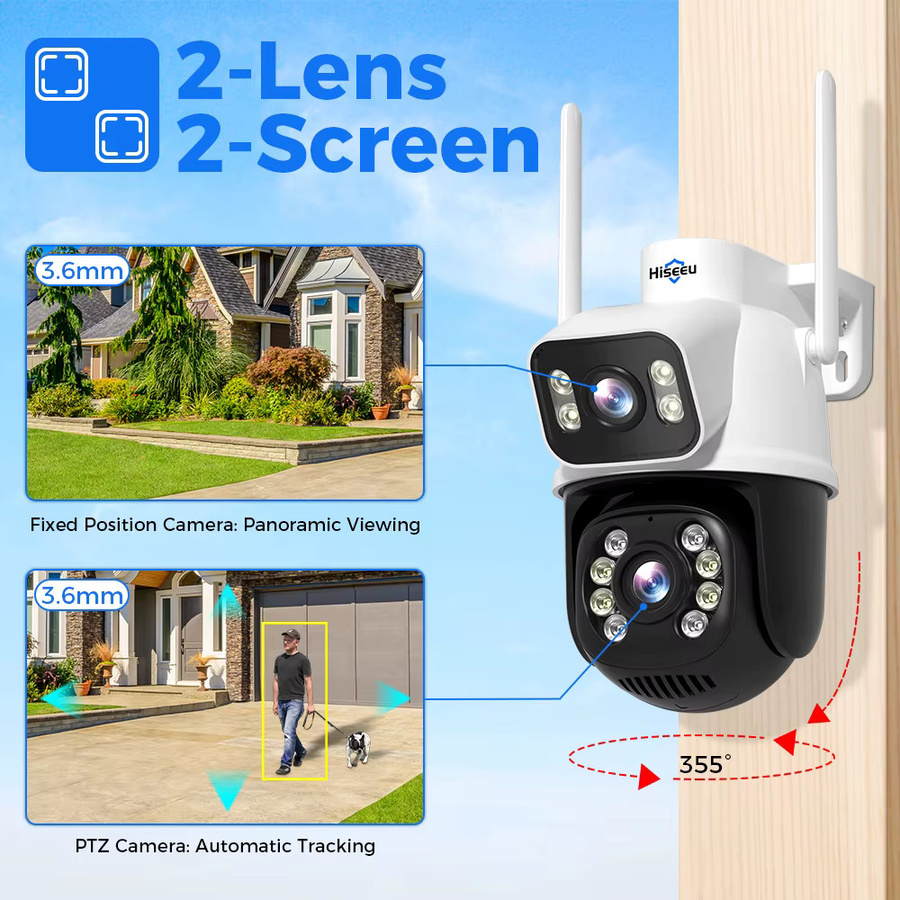 Hiseeu 4K 8MP Dual-Objektiv WLAN-Überwachungskamera mit 4X Digitalzoom, KI-Menschenerkennung und PTZ-Funktion, kabellose Outdoor-Sicherheitskamera in Weiß - Bild 2