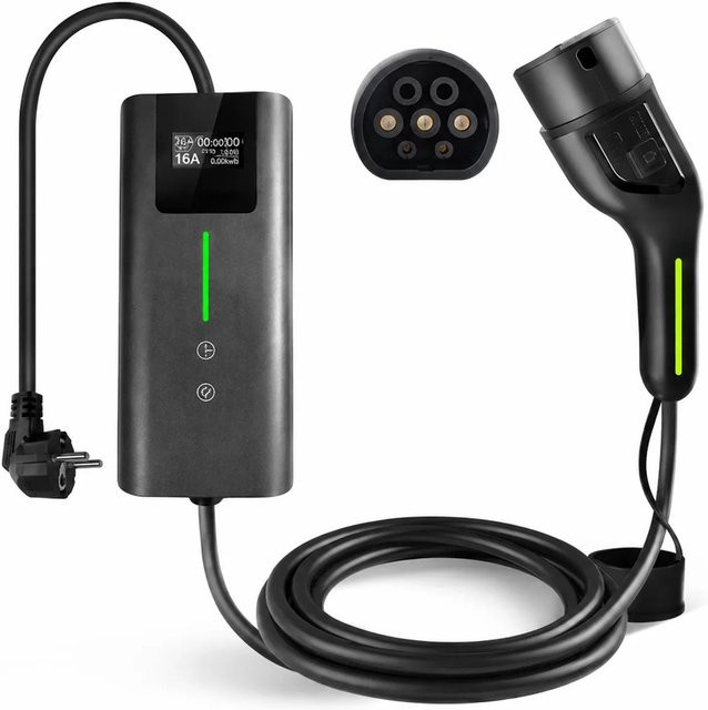 JUNSUN Mobiles EV Ladegerät Typ 2, 3.5kW 16A, 5 Meter Kabel, Schwarz mit digitalem LCD-Display - Bild 1