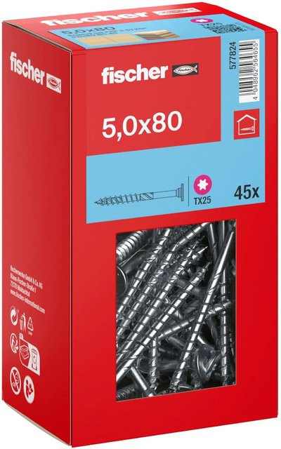 Fischer Holzbauschraube mit Stufensenkkopf und Torx TX25, Teilgewinde, Durchmesser: 5 mm, Länge: 80 mm, 45 Stück - Bild 1