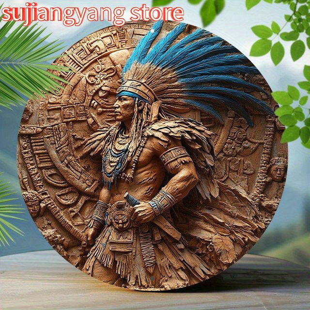 Potdemiel Azteken-Krieger Wandkunst aus Metall, rundes Retro-Metallschild in Braun, Durchmesser: 20,3 cm - Bild 1