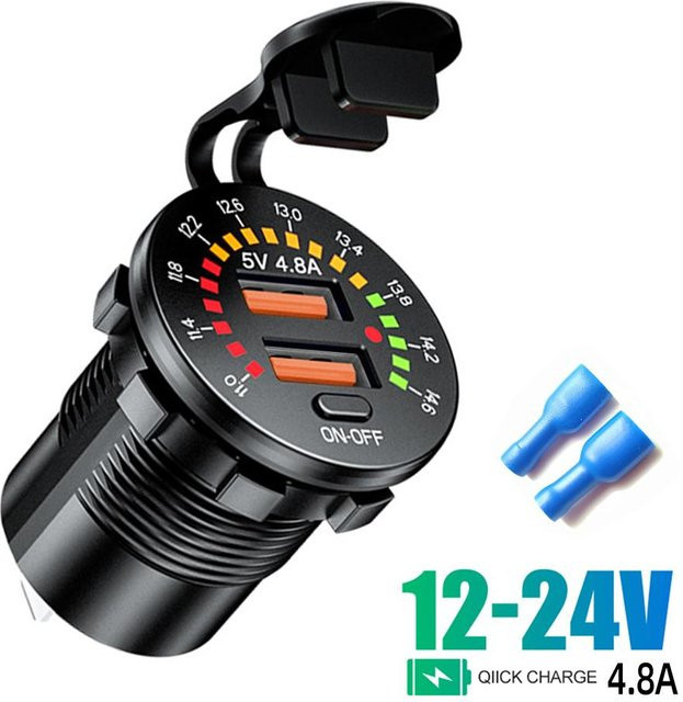 Meiteai-Car&Motor Autoladegerät 12V 24V mit PD USB QC3.0 Schnellladebuchse, Spannungsanzeige und An/Aus-Schalter, Schwarz - Bild 1