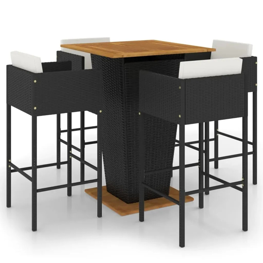 vidaXL 5-teiliges Gartenbar-Set aus Poly-Rattan und Akazienholz in Schwarz mit Kissen - Bild 2