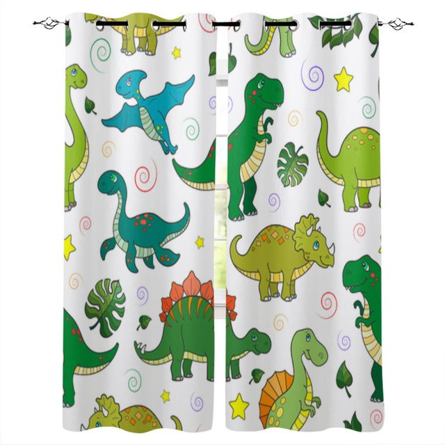 Jurassic Cartoon Dinosaurier Kinderfenstervorhänge aus Polyester, Mehrfarbig, Breite: 135 cm, Höhe: 115 cm - Bild 1