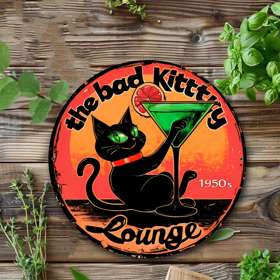 Potdemiel Vintage-Metallwandkunst Runde Bad Kitty's Lounge Wanddekoration mit schwarzer Katze und Cocktail-Design, Durchmesser: 20 cm - Bild 3