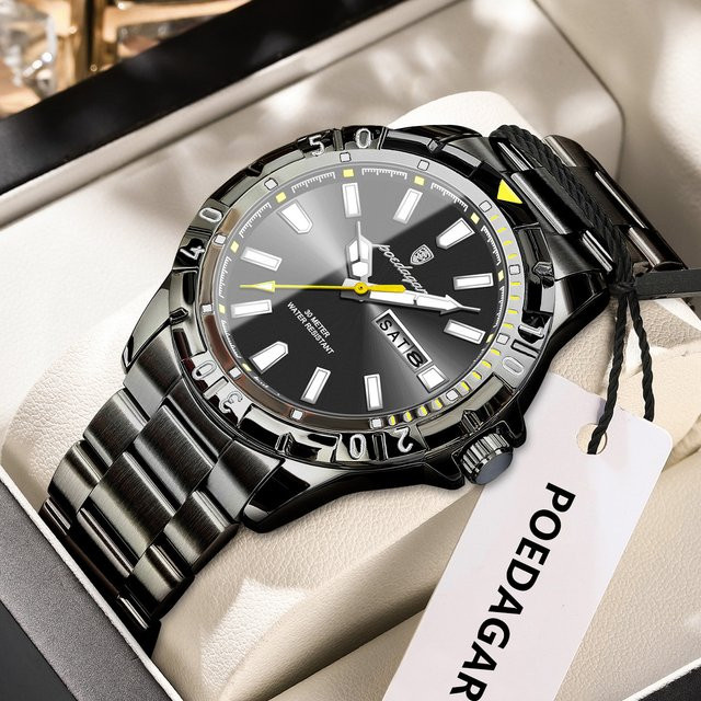 POEDAGAR Armbanduhr Edelstahl, Quarz, Schwarz, Silber, Herren - Bild 1