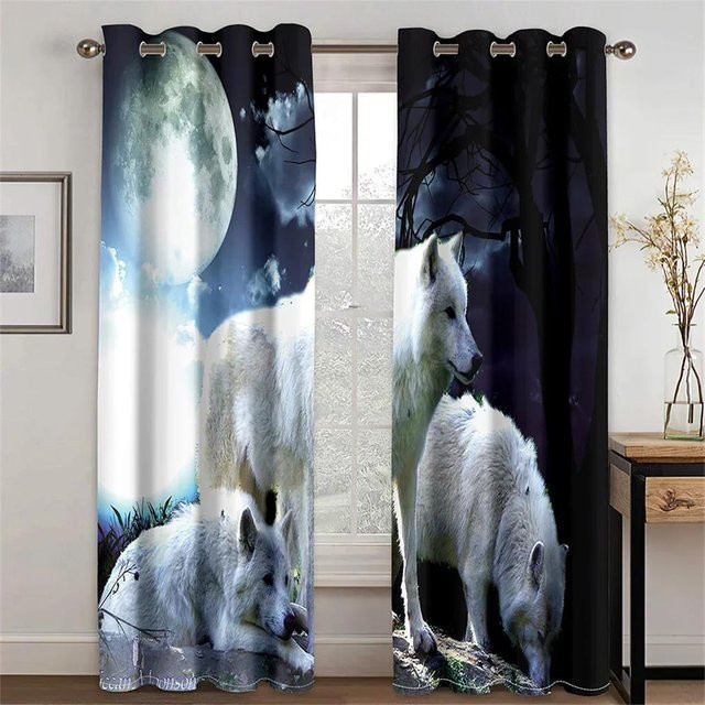 2er-Set Wolf-Vorhänge mit Sternennacht-Motiv in Blau, halbtransparent, Polyester, B: 50 cm, H: 130 cm - Bild 1
