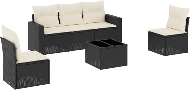 vidaXL 6-tlg Garten-Sofagarnitur in L-Form mit Polsterkissen und Couchtisch, Schwarz - Bild 1