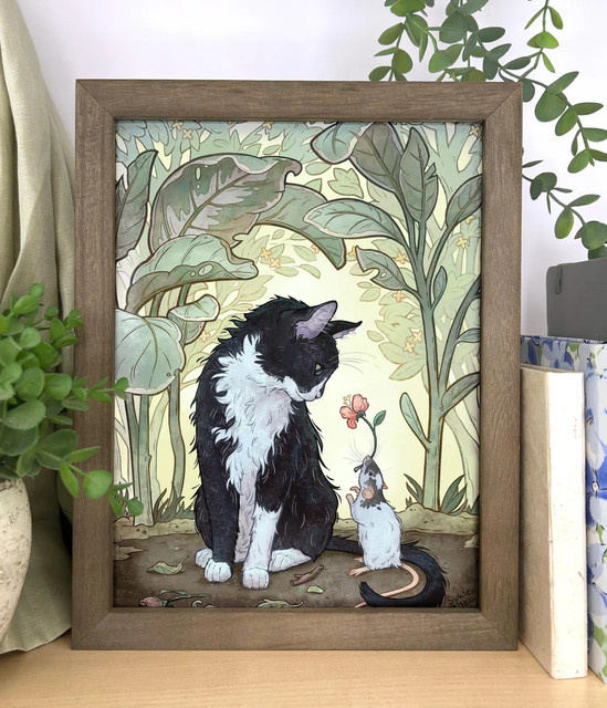 Kunstdruck Smoking-Katze und Ratte von SHENCHEN: Skurrile Art Nouveau Illustration als mehrfarbiger Paper Poster Wanddeko - Bild 1