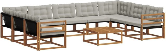 vidaXL Outdoor-Sofagarnitur 10-teilig aus Massivholz Akazie mit Textilene und Kissen in Natur und Hellgrau - Bild 1