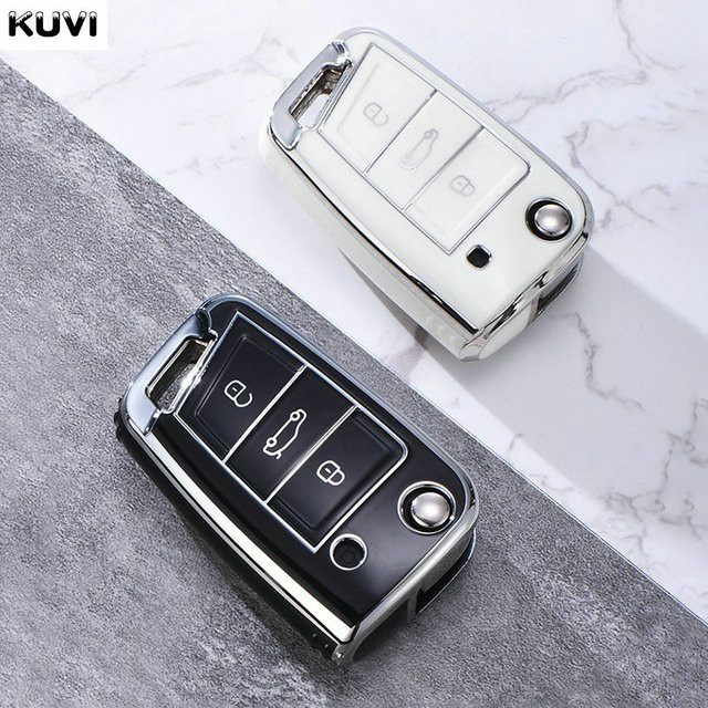 Kuvi TPU Auto Flip Schlüsselhülle für VW Golf 7 MK7, Tiguan MK2, SEAT Ateca, Leon FR2, Ibiza und Skoda Octavia A7 in Schwarz - Bild 1