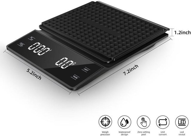 Oudun Digitale Kaffeewaage mit Timer und LCD-Anzeige, Präzisionswaage für Espresso und Pour Over, Kapazität bis 3 kg, Genauigkeit 0,1 g, in Schwarz oder Silber - Bild 1