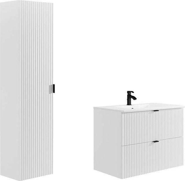 Badmöbel-Set ZEVINI in Weiß mit Streifenoptik, bestehend aus Waschbeckenunterschrank, Einbauwaschbecken und Badhochschrank, Breite: 80 cm - Bild 1