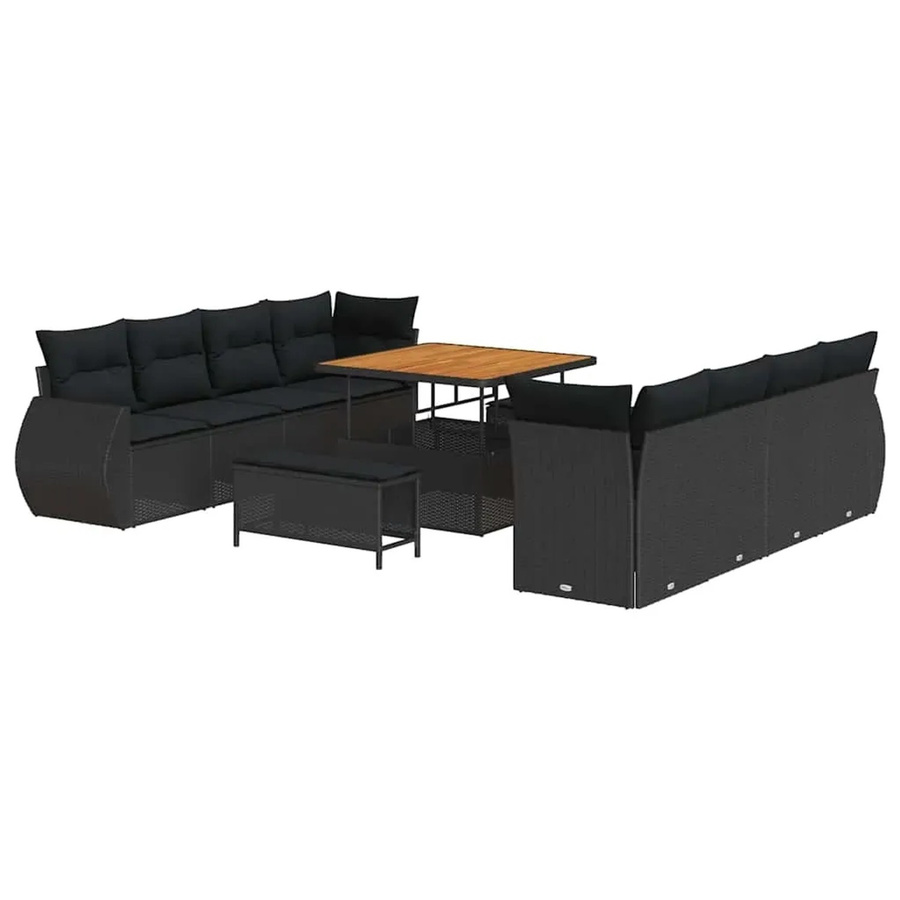 vidaXL Garten-Sofa-Set aus Polyrattan und Akazienholz in Schwarz, 11-teiliges Outdoor-Lounge-Set in U-Form mit Polsterung und Kissen für Garten und Terrasse - Bild 2