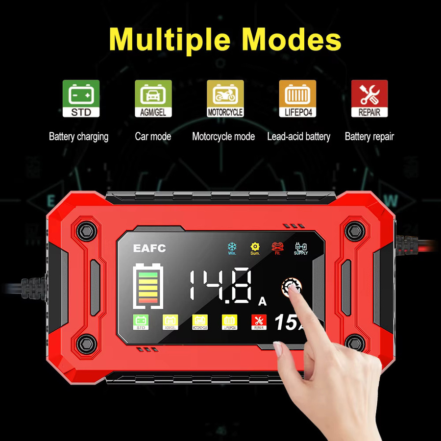 EAFC Smart Batterieladegerät 12V mit 15A/8A Puls-Reparatur und Display für Auto, Motorrad sowie Blei-Säure, AGM und GEL Batterien in Rot - Bild 5