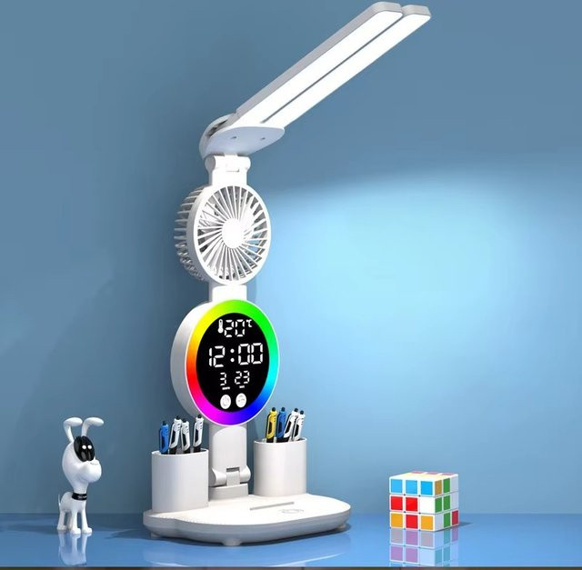 Feimefeiyou LED-Tischlampe mit integrierter Uhr und Ventilator, weiß, faltbare Schreibtischleuchte mit Touch-Steuerung und USB-Ladefunktion für Home Office und Lesen - Bild 1
