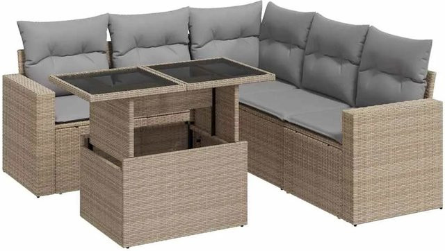 vidaXL 6-teilige Garten-Sofagarnitur in L-Form aus Poly-Rattan mit Kissen in Beige-Grau - Bild 1