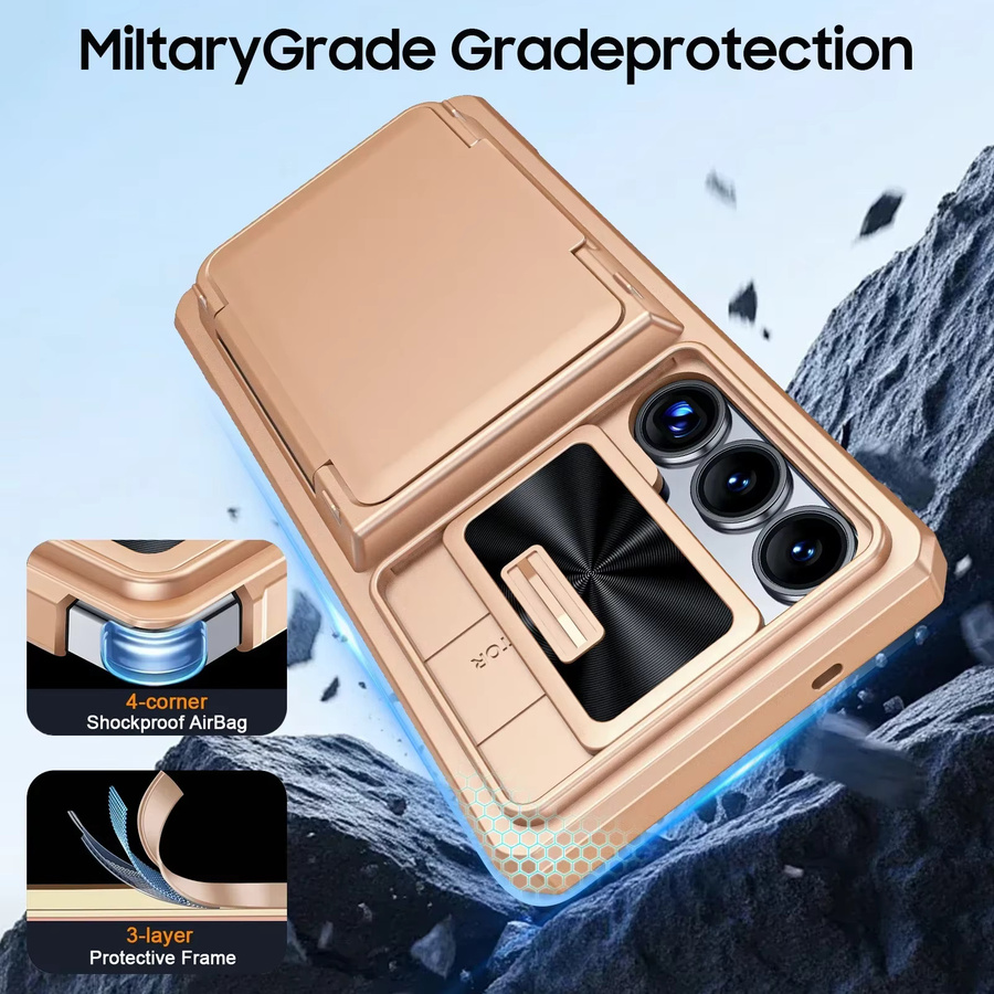 BANGZAO Handyhülle für Galaxy S25 Ultra mit Kartenhalter für 4 Karten, Kameraabdeckung und Ständer in Champagner - Bild 4