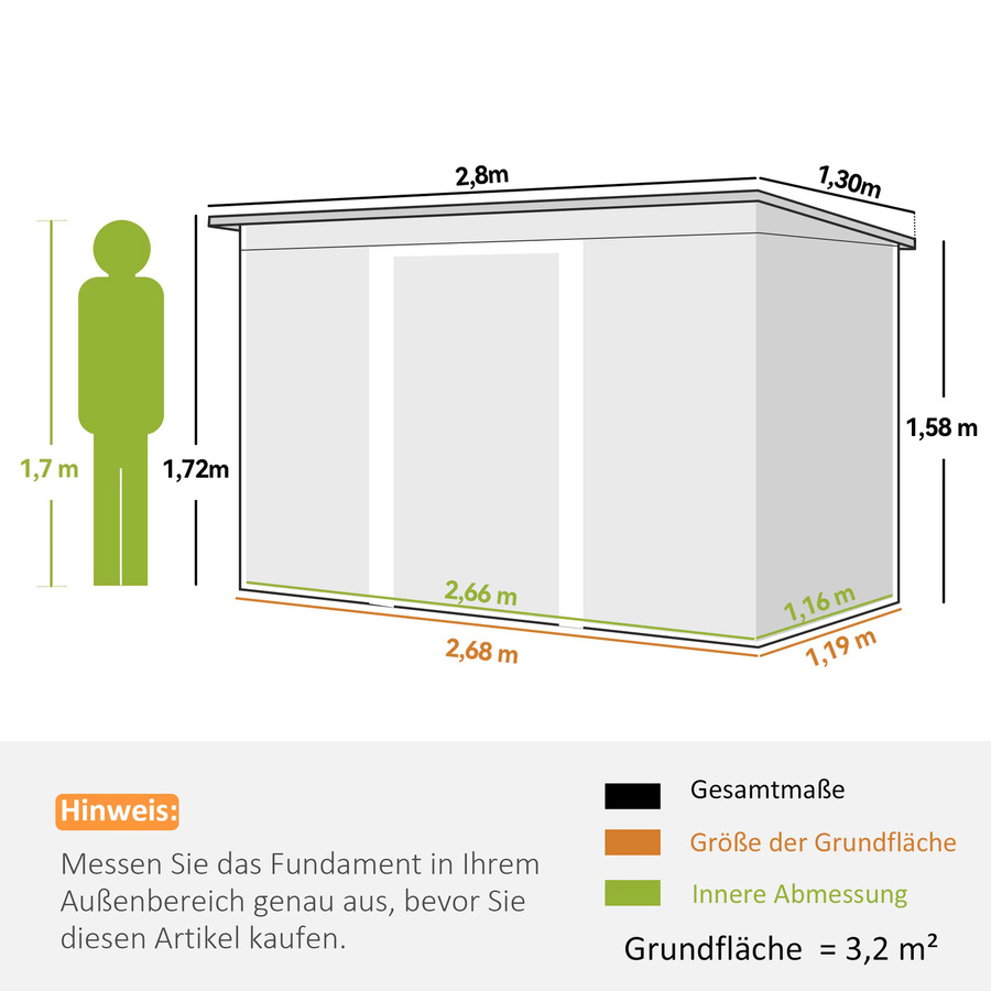 Outsunny Gerätehaus Gartenhaus aus Stahl mit Schiebetür und Lüftungsfenster, Dunkelgrün, B/T/H: 280 x 130 x 172 cm - Bild 4
