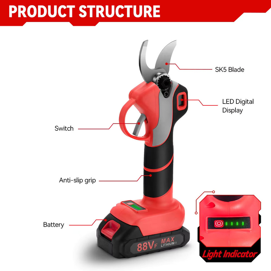 ONEVAN 4Gears Bürstenlose elektrische Gartenschere in Rot für Makita 18V LXT Akkus mit 30mm Schneidkapazität - Bild 2