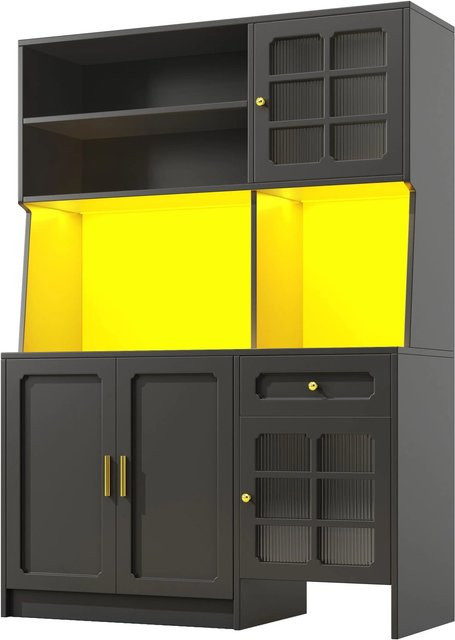 okwish Hochschrank für die Küche mit Glastüren und LED-Beleuchtung, Schwarz, B: 130 cm, T: 45 cm, H: 180 cm - Bild 1