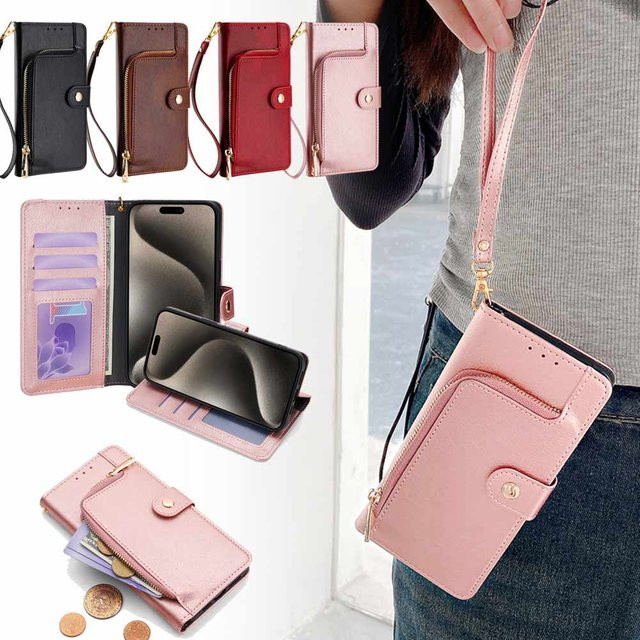 Leder Lanyard Handyhülle mit Reißverschluss und Brieftasche für Samsung Galaxy S24 FE, M55 und C55 5G in Schwarz - Bild 1