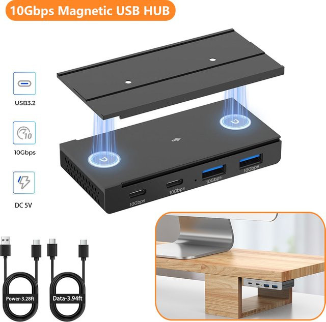 Eswirepro USB-Hub Magnetischer USB 3.2 Splitter-Adapter in Schwarz für Hochgeschwindigkeits-Datenübertragung mit 5Gbps und 10Gbps für MacBook, iMac Pro, PC und Laptops - Bild 1
