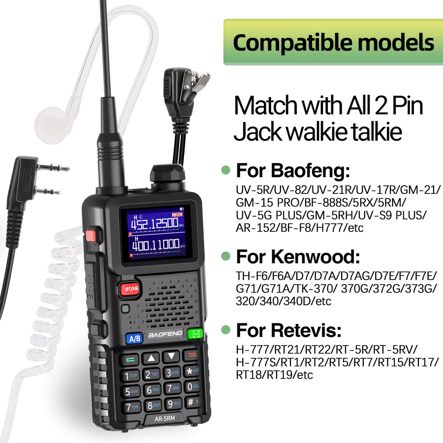 ABBREE Akustisches Luftschlauch-Headset für Walkie Talkies, 2-poliger In-Ear PTT-Ohrhörer in Schwarz, kompatibel mit Baofeng UV-5R BF-888S UV-21 PRO und Quansheng UV-K5 - Bild 2