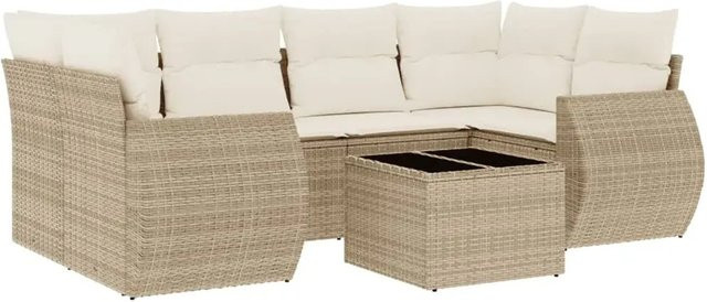 vidaXL 7-teilige Garten-Sofagarnitur in L-Form aus Poly-Rattan mit Kissen in Beige-Creme - Bild 1