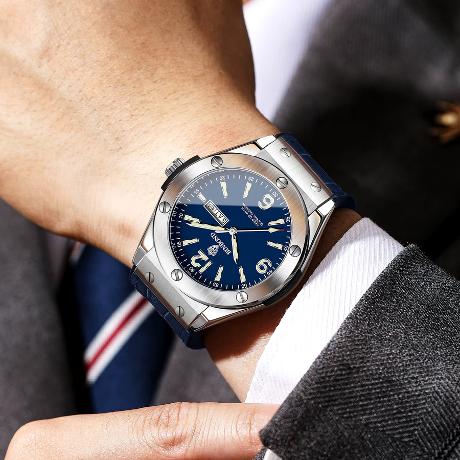 BINBOND Armbanduhr Quarz, Edelstahl, Leder, Blau, Herren - Bild 4