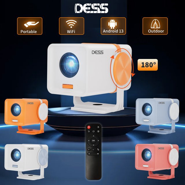 DESS Smart Projektor mit Android 13, Dual-Band Wifi6, tragbar und Powerbank-betrieben, Weiß/Blau - Bild 1