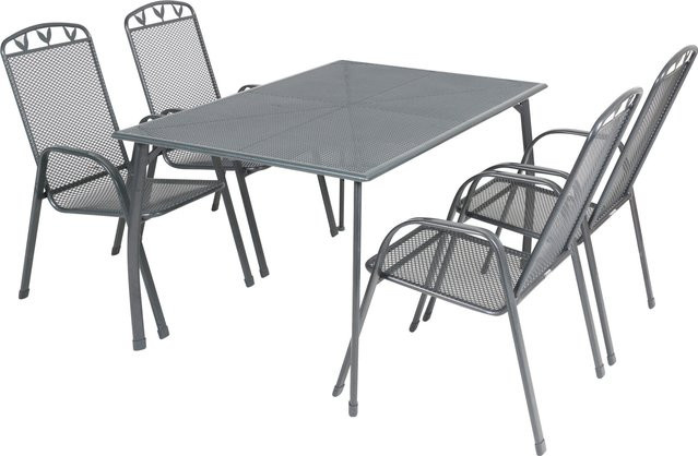 GREEMOTION Gartentischgruppe Toulouse in Grau mit Tisch und 4 Stapelstühlen aus Stahl und Kunststoff, B: 140 cm, T: 74 cm, H: 90 cm - Bild 1