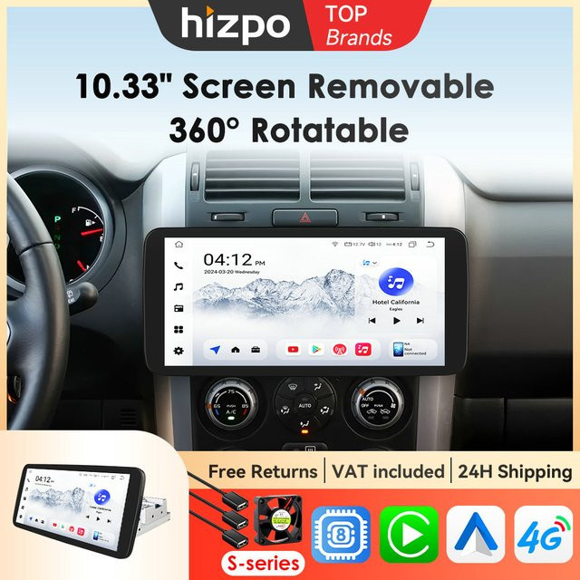 Hizpo Android 14 Auto-Stereoanlage mit 10,33 Zoll drehbarem Touchscreen, 8GB RAM, 128GB ROM, GPS und WLAN in Schwarz - Bild 1