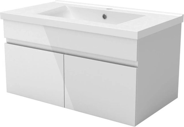 AICA Badmöbel BERGEN 2-teiliges Waschbecken-Set mit Keramik-Waschtisch und Unterschrank in Weiß Hochglanz, Wandmontage, Softclose-Türen, Breite: 80 cm, Höhe: 47 cm, Tiefe: 44 cm - Bild 1