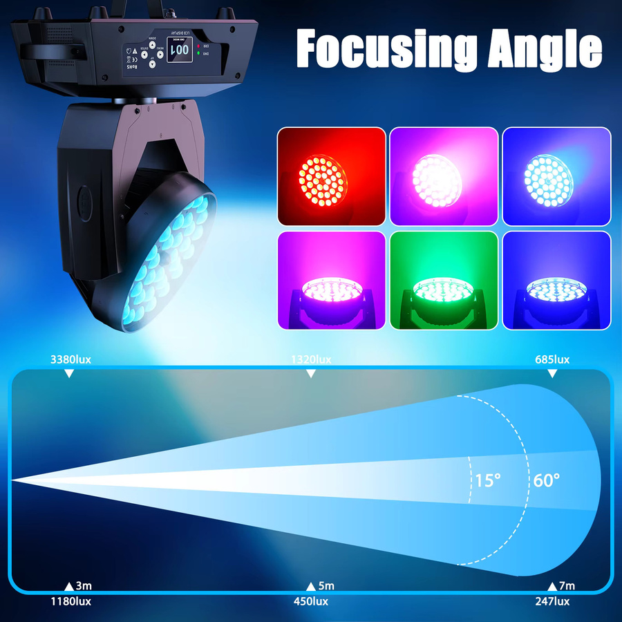 U'King RGBW Moving Head LED Wash Licht mit 36x8W SMD, 230W, DMX512, 16CH, Zoom Effekt, Schwarz - Bild 4