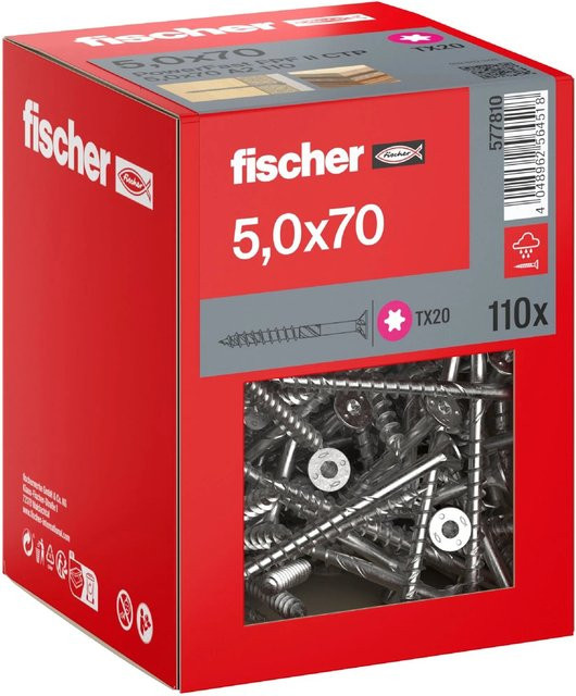 Fischer PowerFast II A2 Senkkopf TX Teilgewinde Schraube aus Edelstahl in Silber, Durchmesser: 5 mm, Länge: 70 mm, 110 Stück - Bild 1