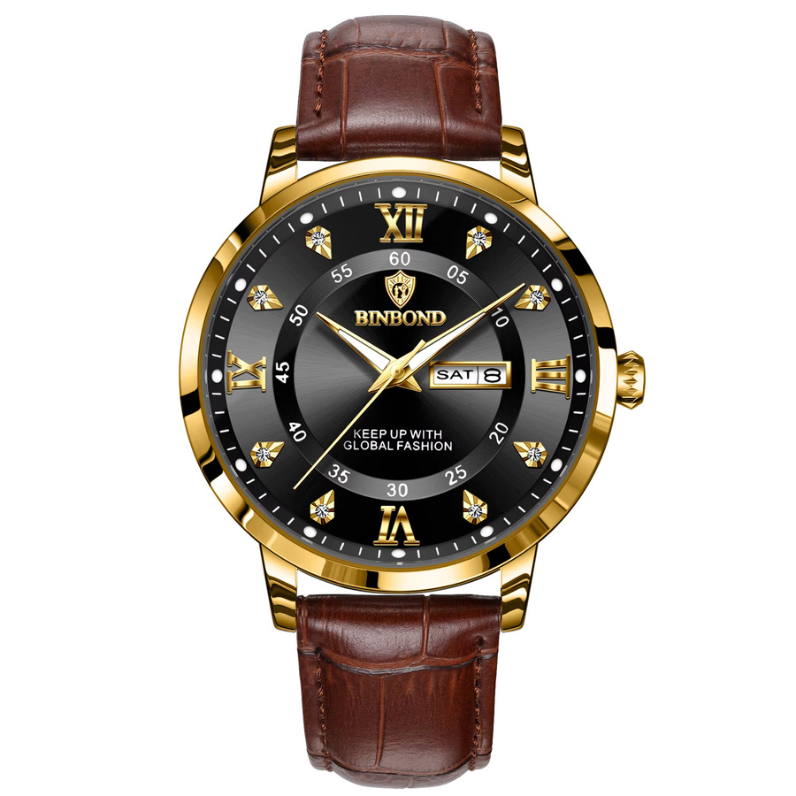 BINBOND Armbanduhr Quarz, Leder, Schwarz, Herren, Datum, Wochentag - Bild 7