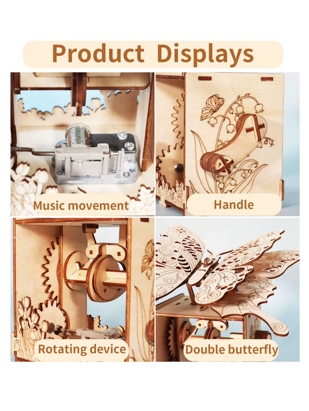 Handgefertigtes 3D-Holzpuzzle von Music Park als Schmetterling-Spieluhr mit You Are My Sunshine Motiv in Beige - Bild 4