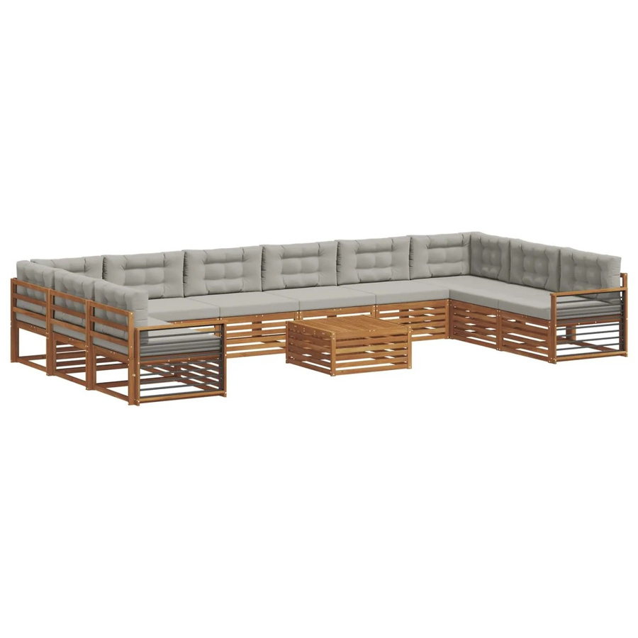 vidaXL Lounge-Sofagarnitur aus Massivholz Akazie in U-Form, 11-teiliges Set in Natur und Hellgrau mit Tisch, Sitzkissen und Rückenkissen - Bild 2