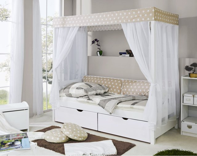 TiCAA Himmelbett aus Kiefernholz in Beige und Weiß mit Sternenmuster für Kinderzimmer und Schlafzimmer - Bild 1