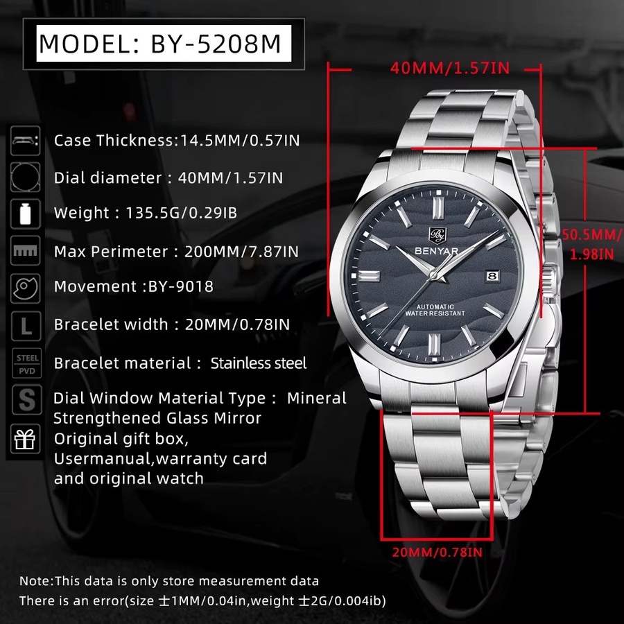 BENYAR Armbanduhr Automatik, Edelstahl, 40 mm, Herren - Bild 4