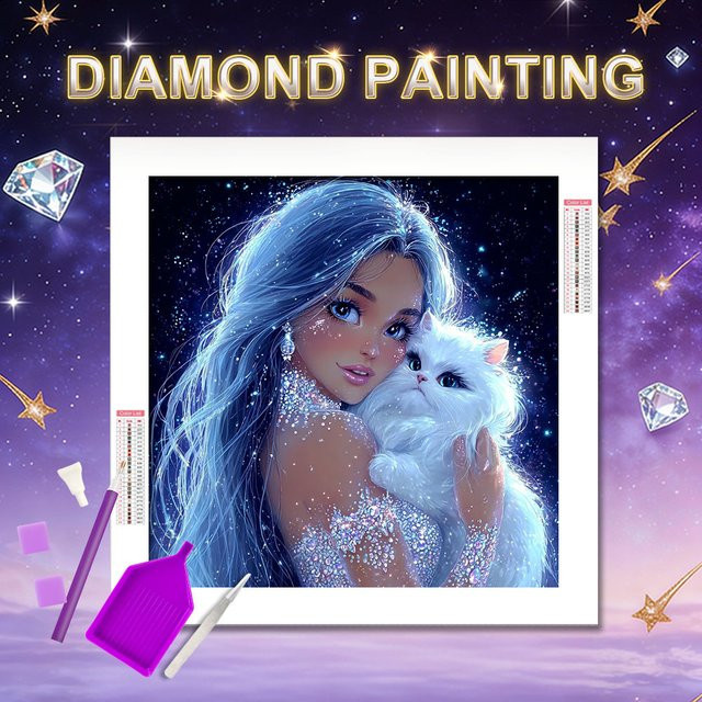 HUACAN Diamantmalerei Frauenporträt mit Katze als 5D Diamant-Mosaik Wanddekoration in Multicolour - Bild 1