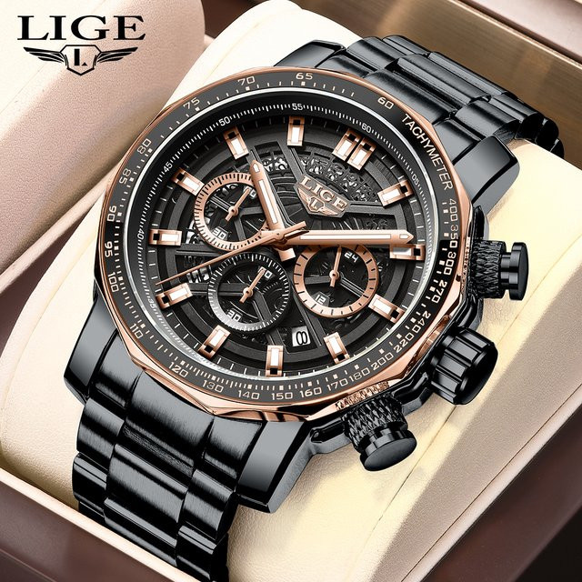 LIGE Armbanduhr Quarz, Edelstahl, Schwarz, Herren - Bild 1