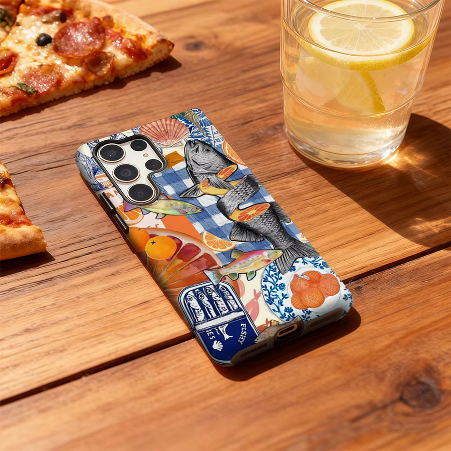 Stoßfeste doppellagige Handyhülle mit Fisch- und Orange-Collage für Samsung Galaxy S25 Ultra, S24 und S23 Ultra Plus in Multicolor - Bild 3